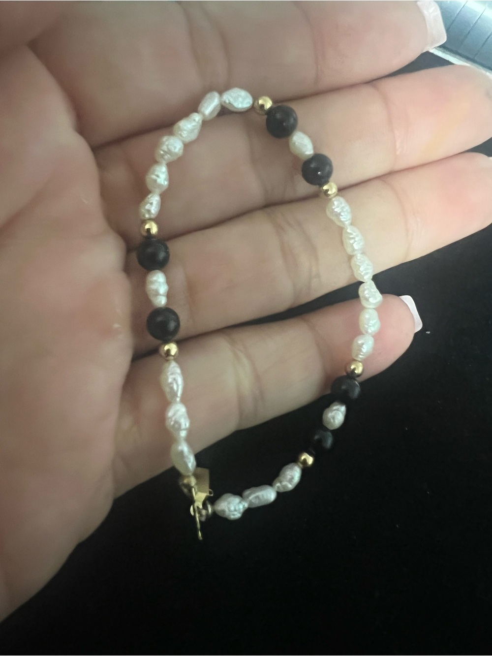 Freshwater Pearl and Black Bead Bracelet with Gold Accents